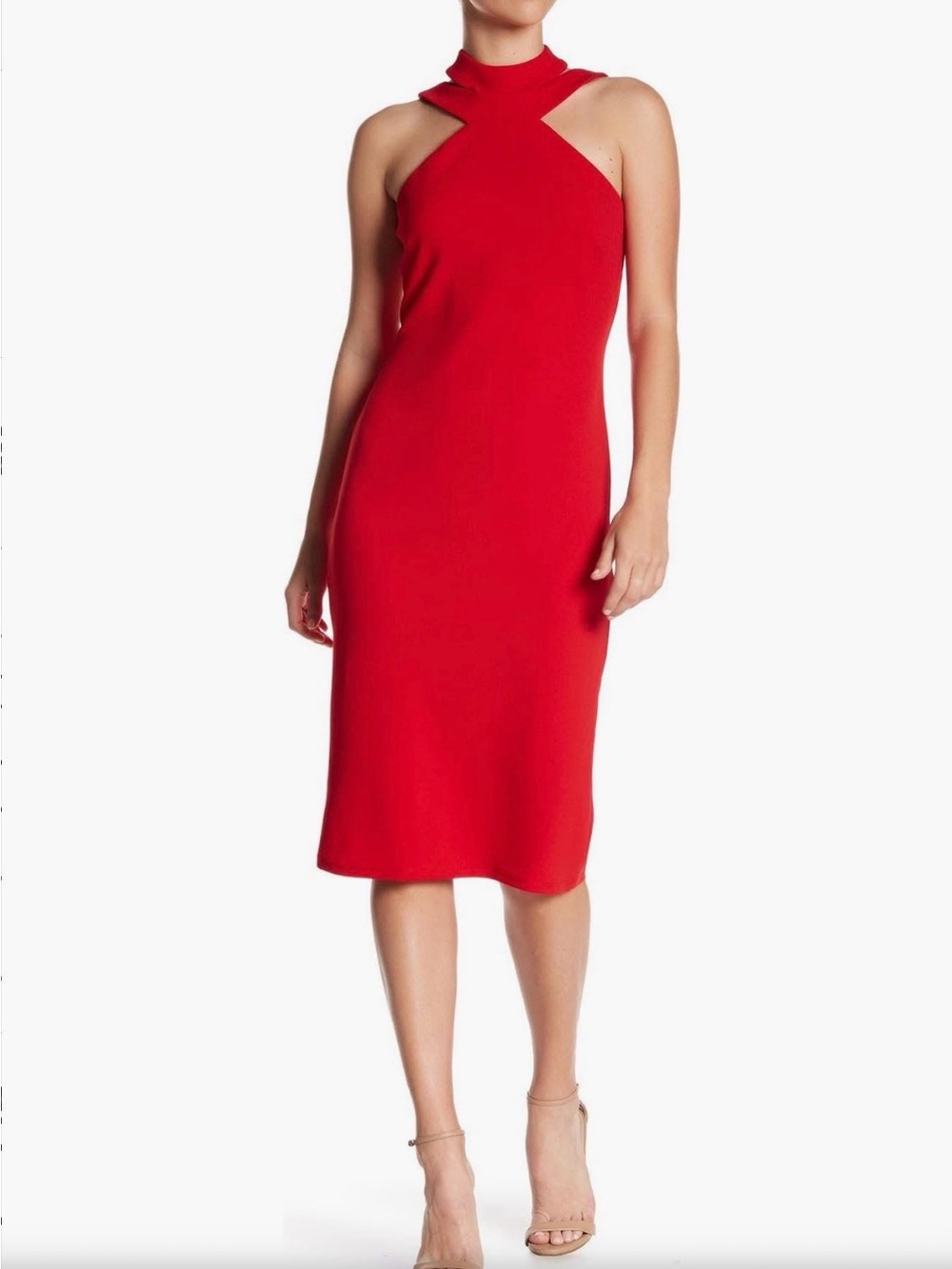 BEBE Red Halter Neck Choker Bodycon Midi Dress